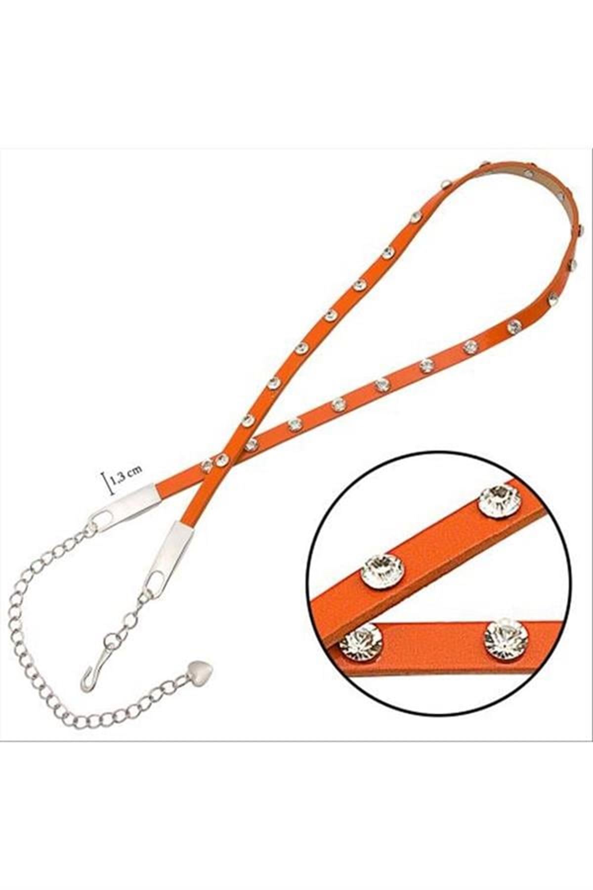 Klasik Deri Taşlı Kemer - Turuncu