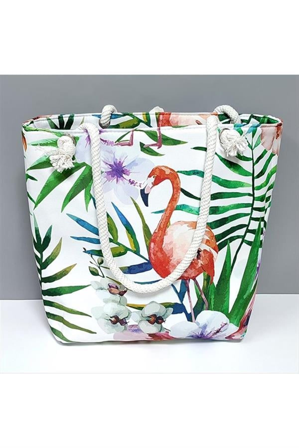 Flamingo Desenli Plaj Çantası - Yeşil