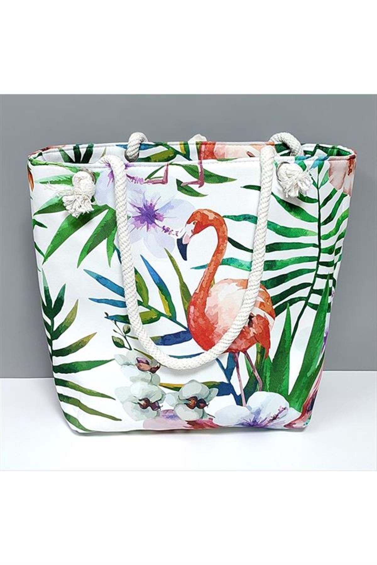 Flamingo Desenli Plaj Çantası - Yeşil