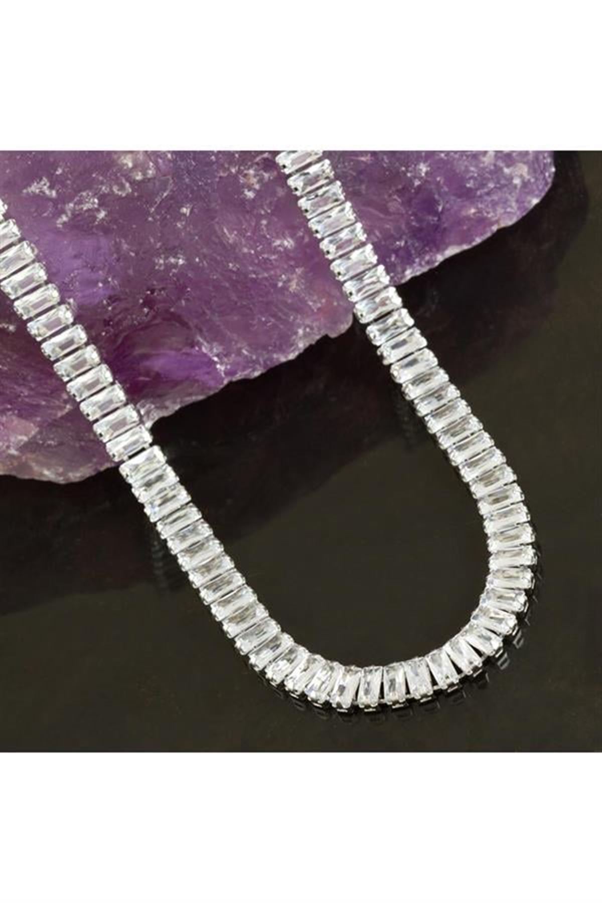 6 mm Baget Taşlı Zirkon Lüks Çelik Kolye - Sarı