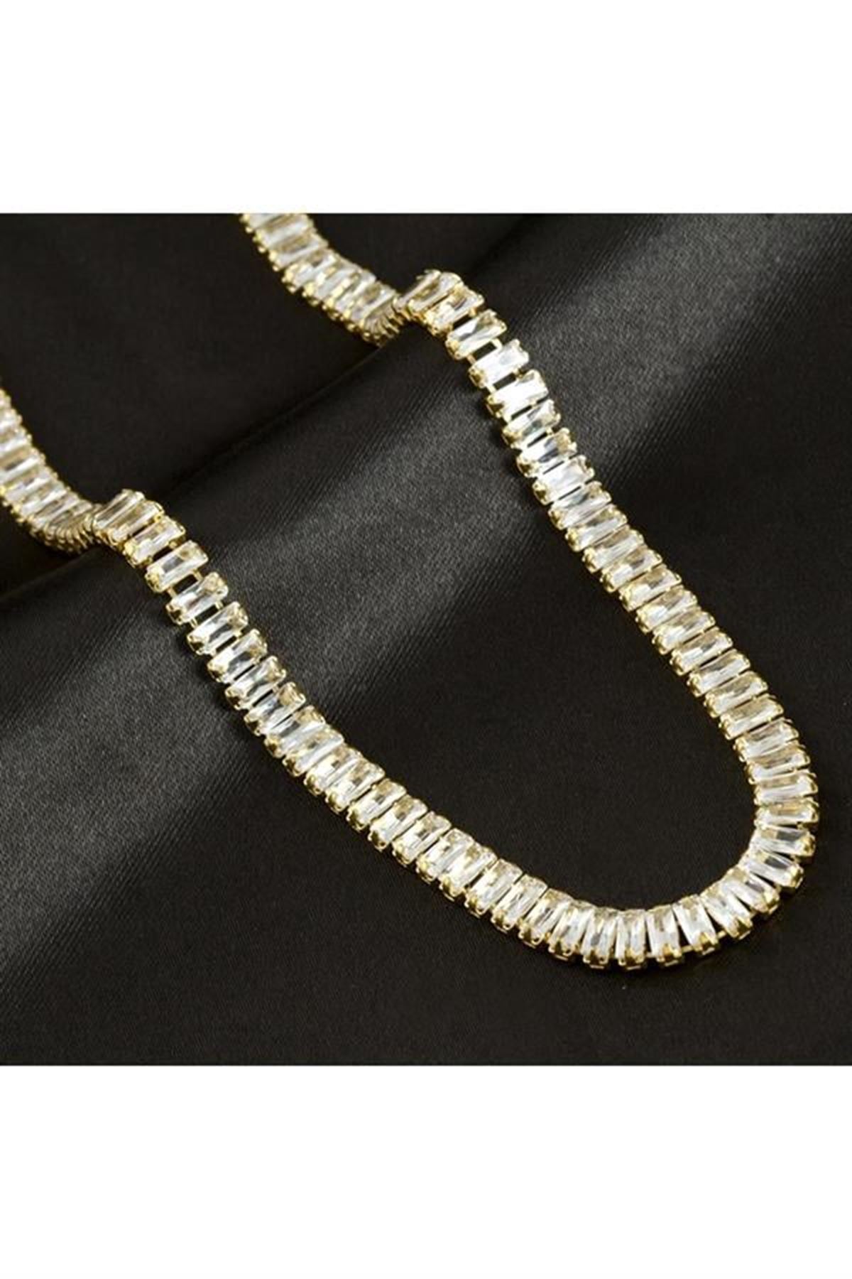6 mm Baget Taşlı Zirkon Lüks Çelik Kolye - Sarı