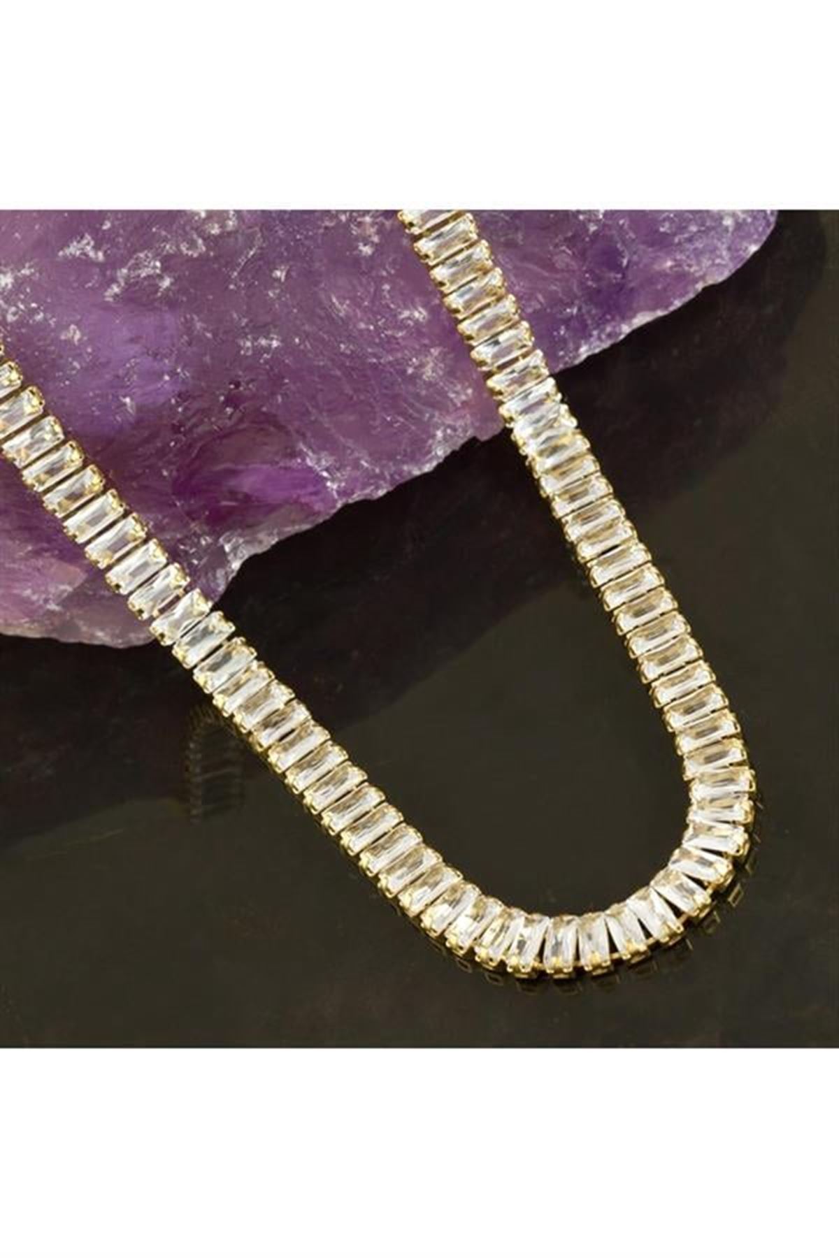 6 mm Baget Taşlı Zirkon Lüks Çelik Kolye - Sarı