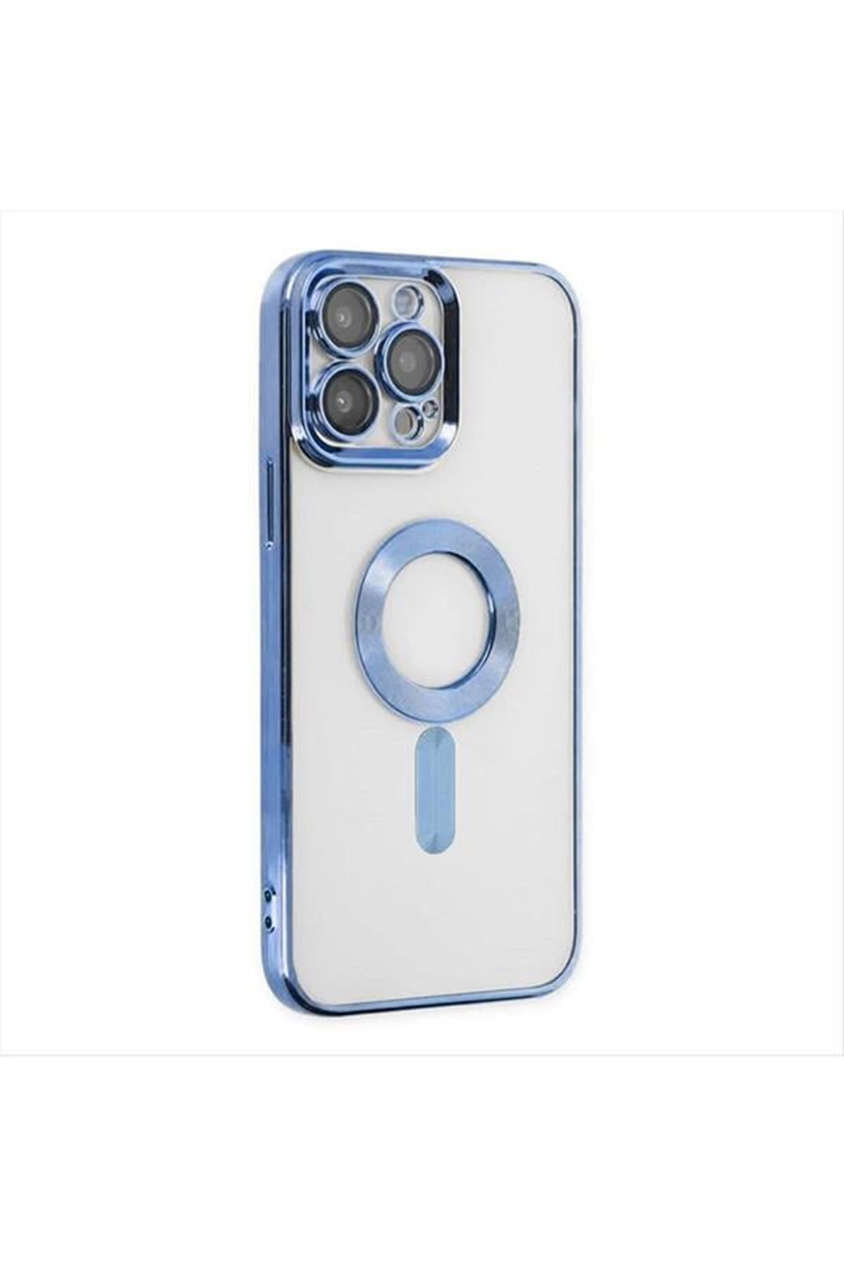 iPhone 12 Pro Max Lüx Magsaff Lazer Silikon Kılıf (Kamera Korumalı) - Mavi