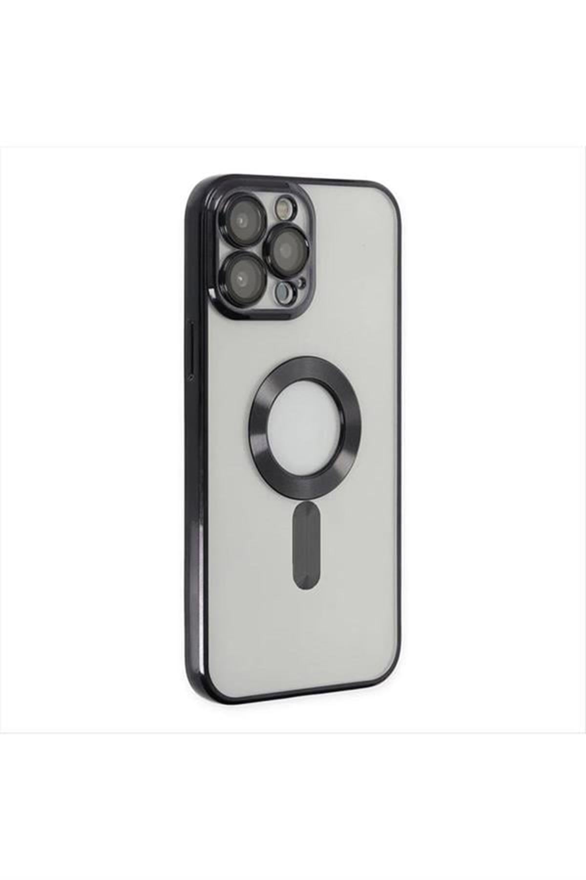 iPhone 12 Pro Max Lüx Magsaff Lazer Silikon Kılıf (Kamera Korumalı) - Siyah