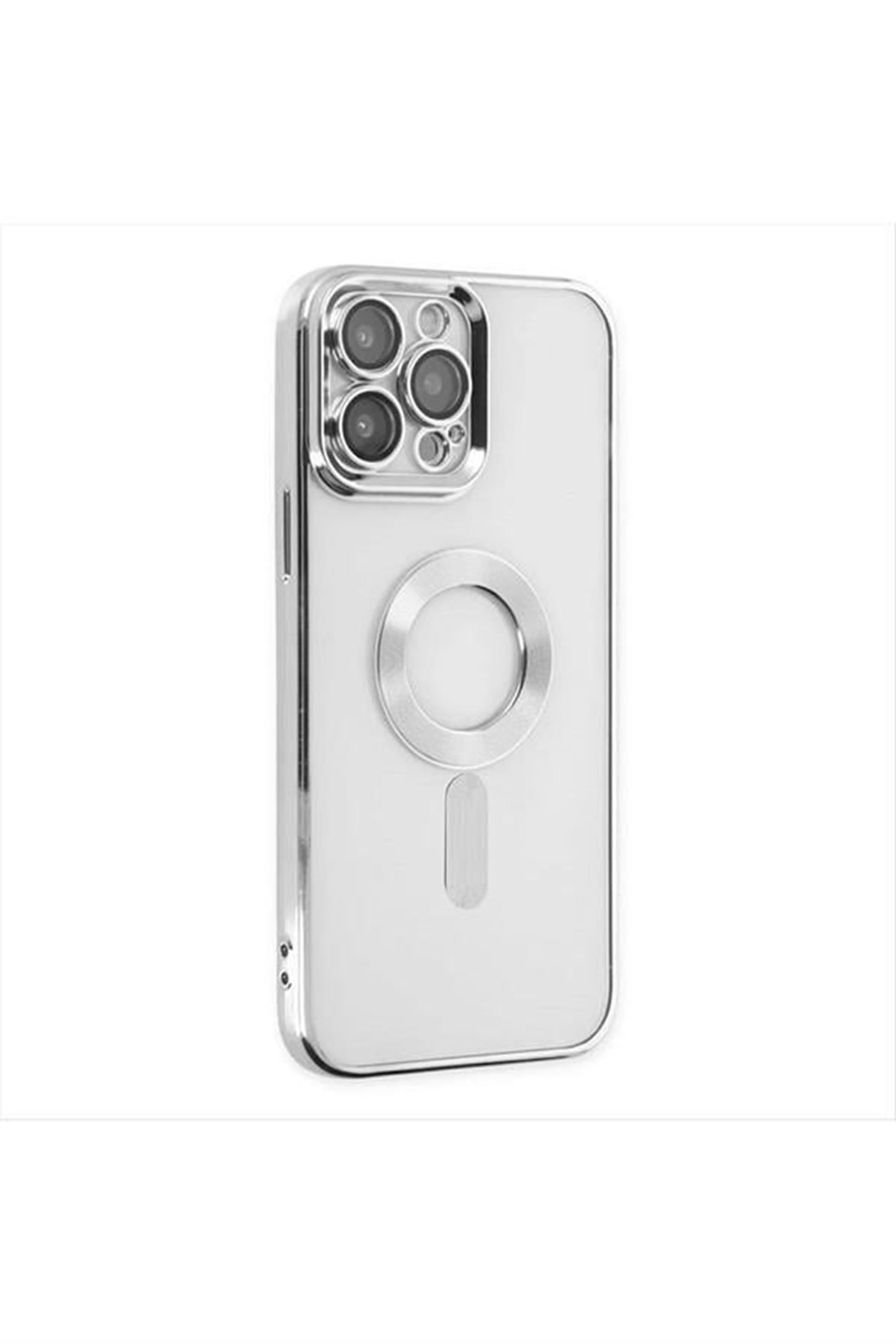 iPhone 11 Pro Lüx Magsaff Lazer Silikon Kılıf (Kamera Korumalı) - Gümüş Rengi