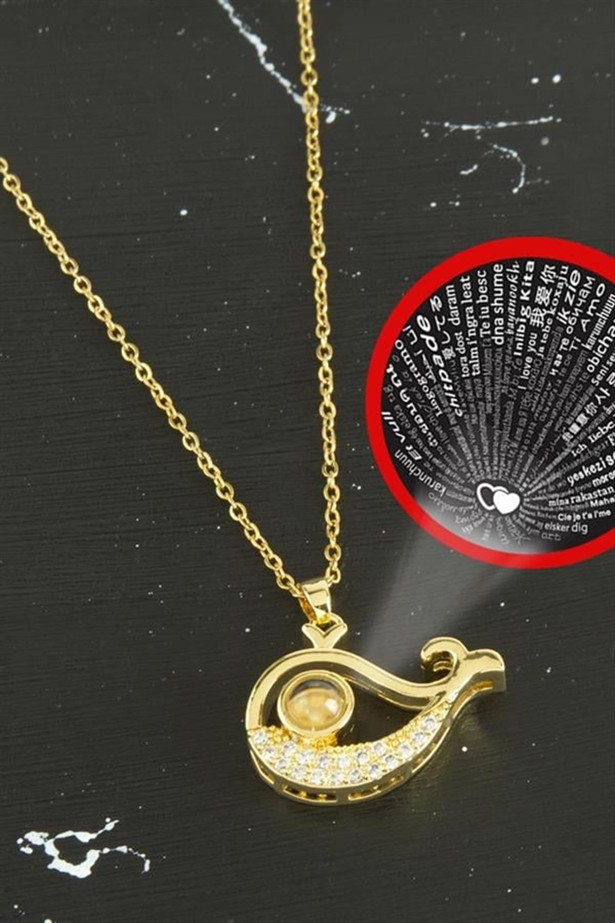Balık Lüks Çelik Kolye 100 Dilde Seni Seviyorum - Sarı