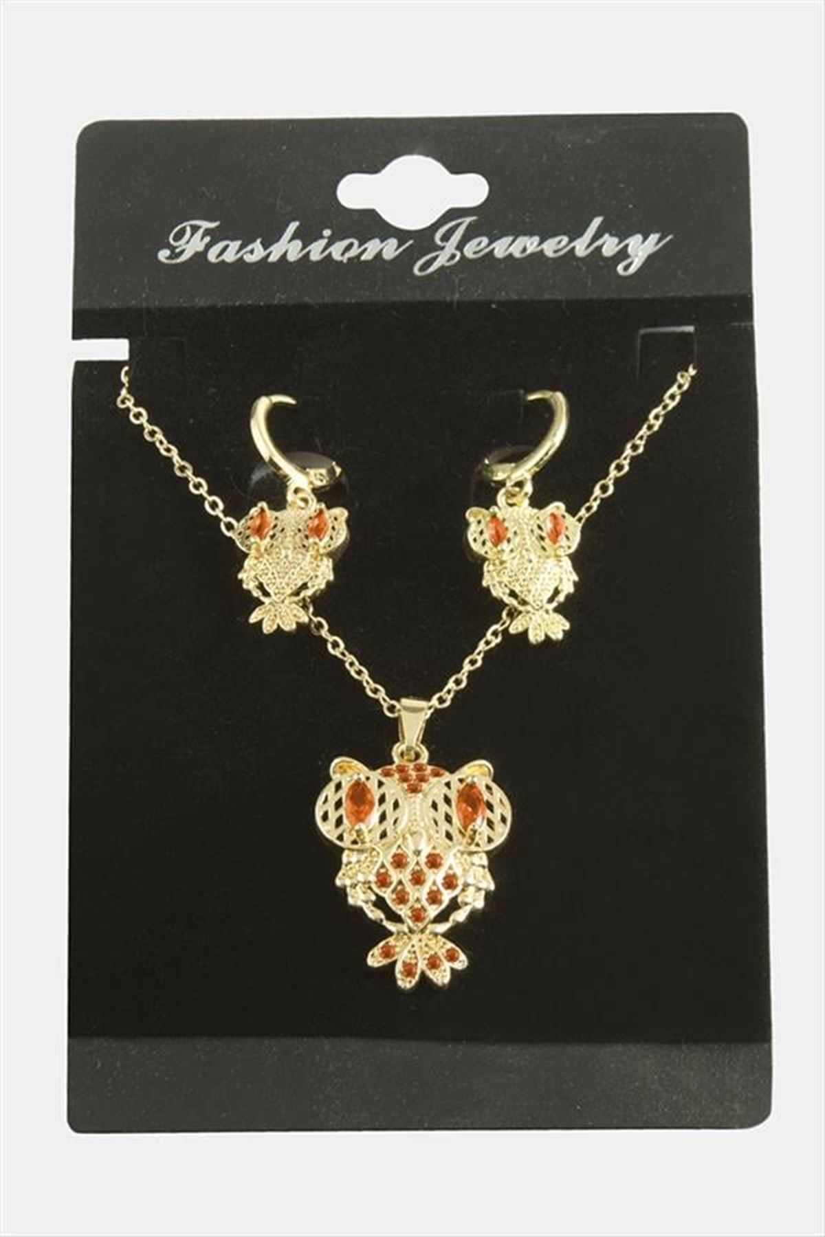 Baykuş Zirkon Taşlı Set Kolye - Siyah
