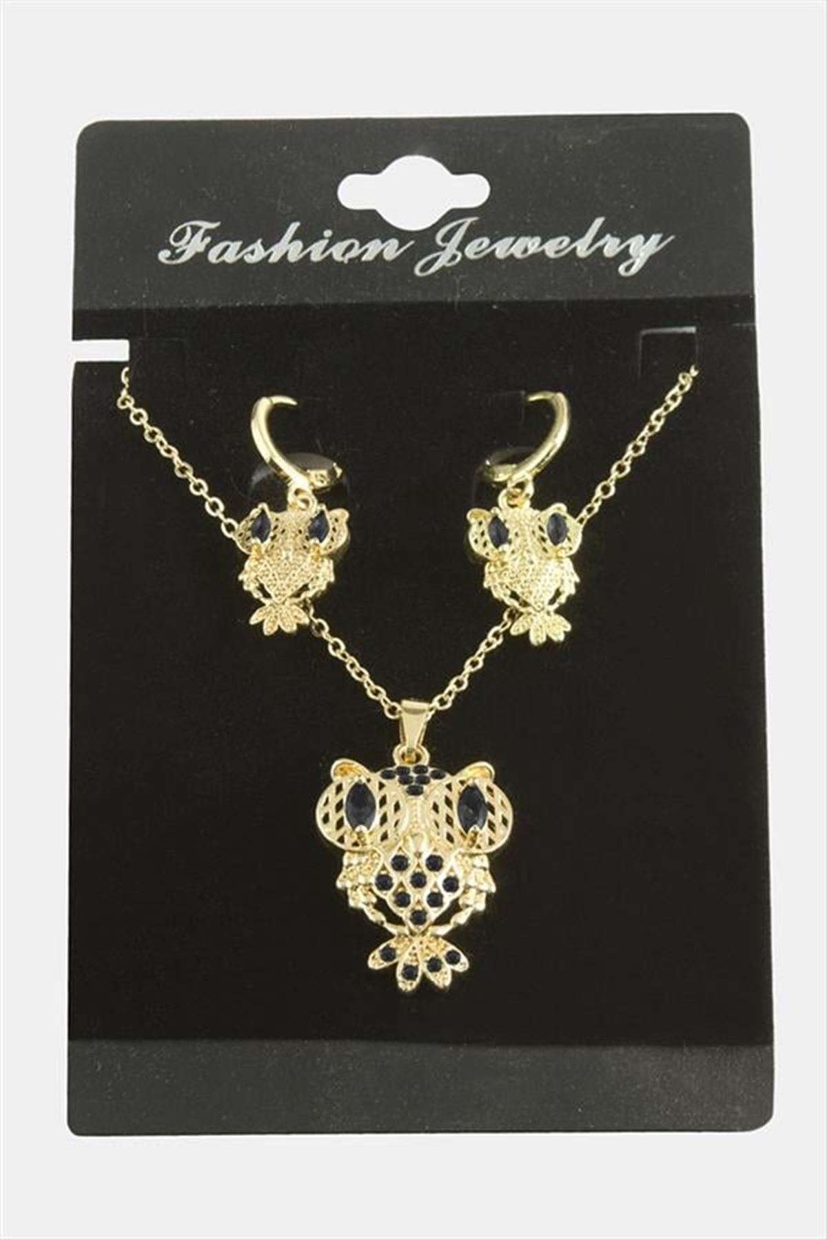 Baykuş Zirkon Taşlı Set Kolye - Siyah