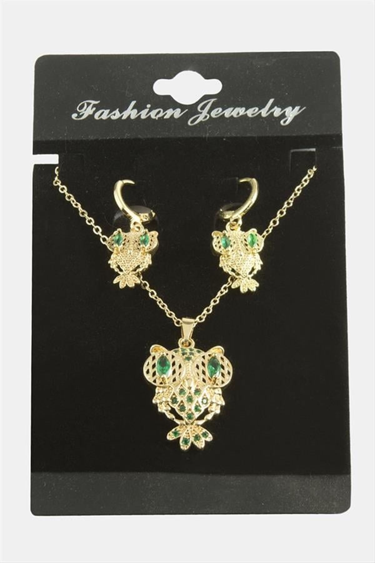 Baykuş Zirkon Taşlı Set Kolye - Yeşil