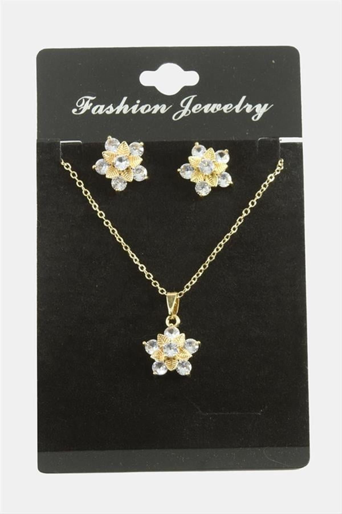 Çiçek Zirkon Taşlı Set Kolye - Gümüş Rengi