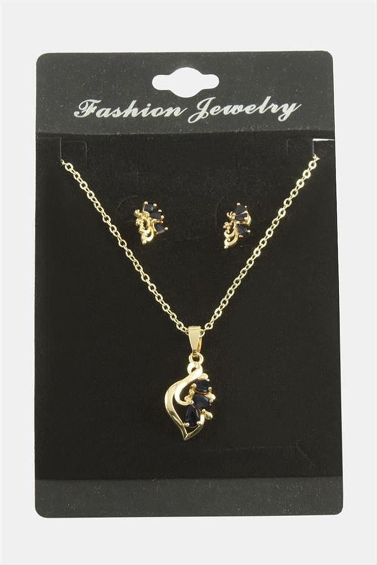 Çiçek Zirkon Taşlı Set Kolye - Siyah