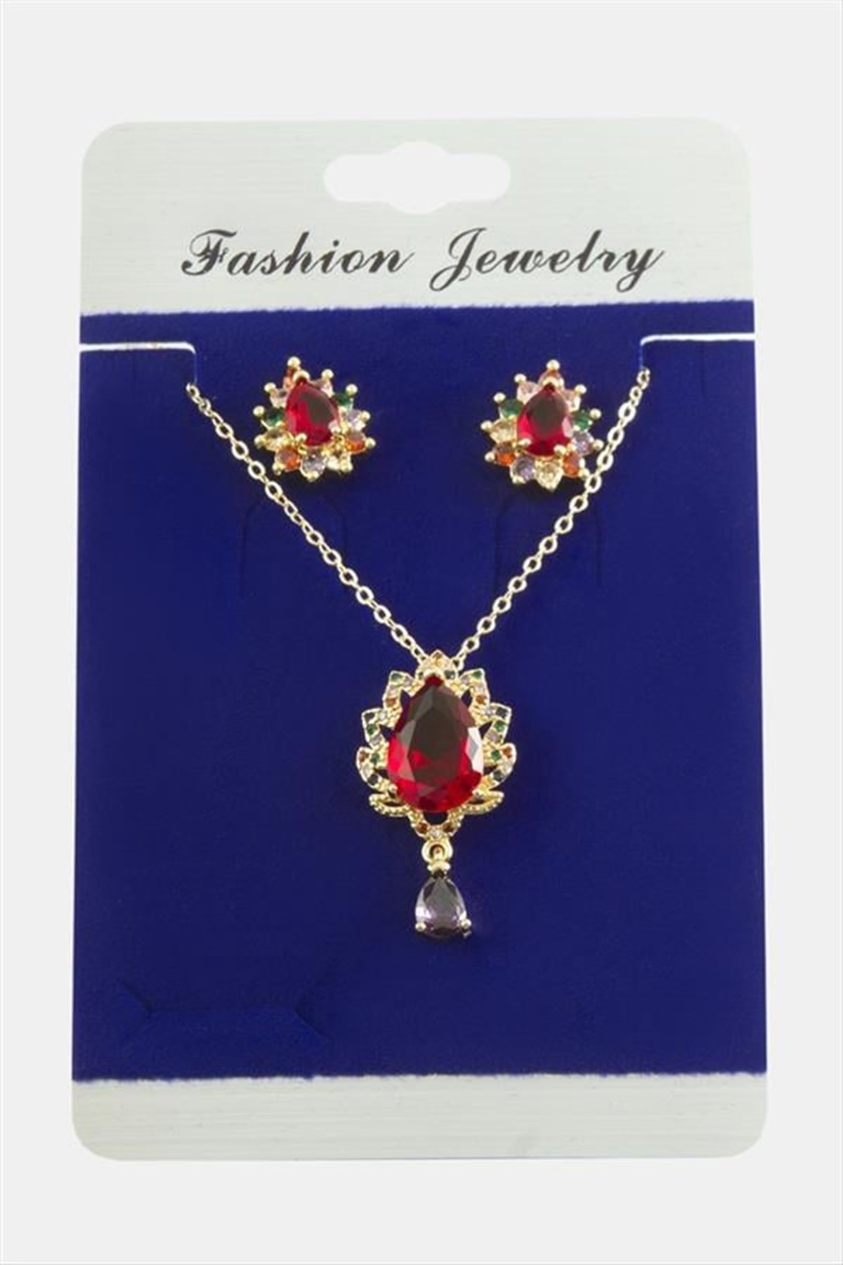 Oval Zirkon Taşlı Set Kolye - Karışık Renk 1