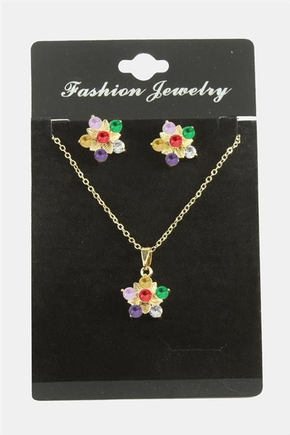 Çiçek Zirkon Taşlı Set Kolye - Karışık Renk 1