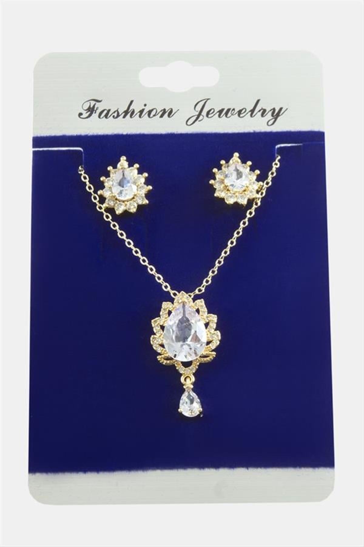 Oval Zirkon Taşlı Set Kolye - Gümüş Rengi