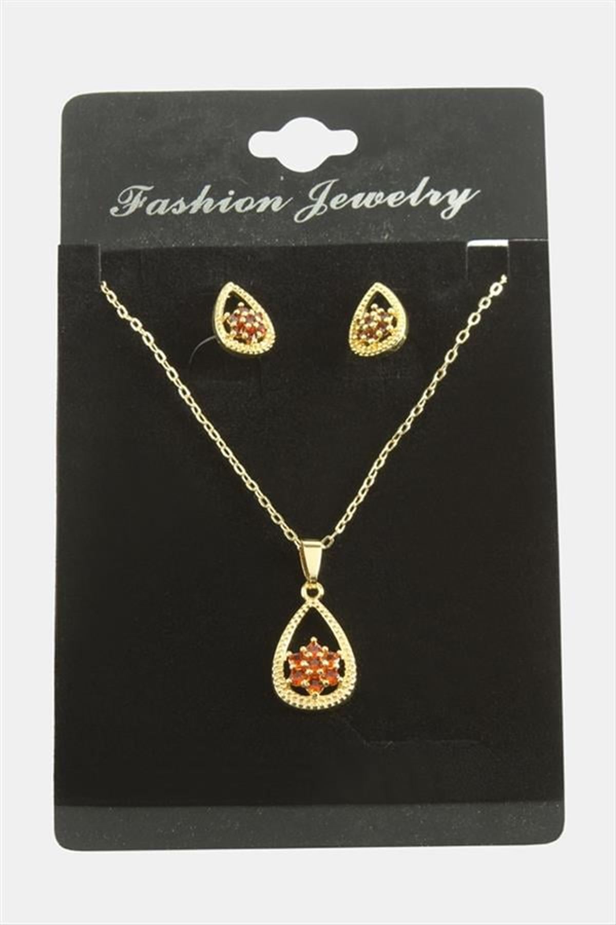 Oval Kartanesi Zirkon Taşlı Set Kolye - Kırmızı