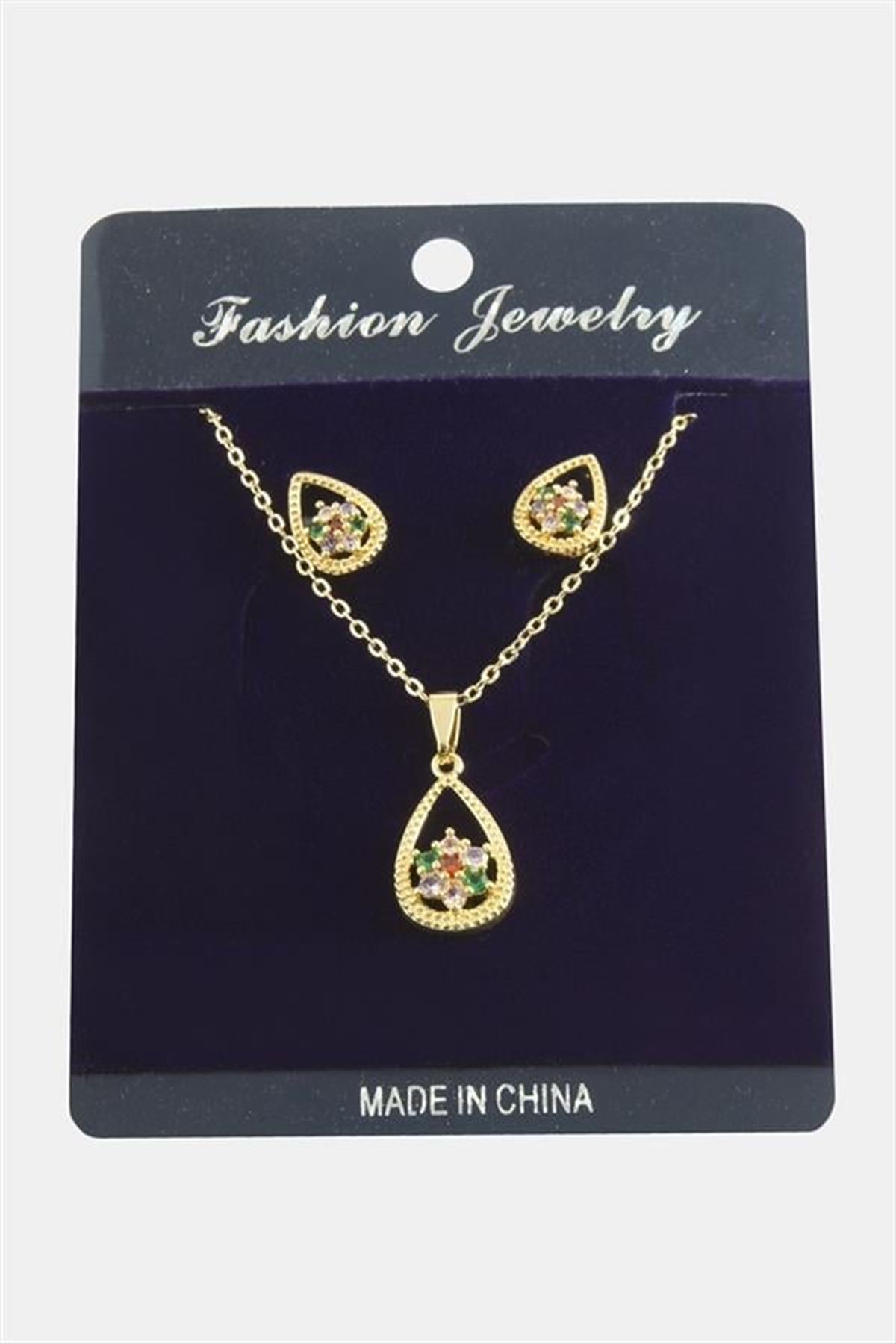 Oval Kartanesi Zirkon Taşlı Set Kolye - Karışık Renk 1