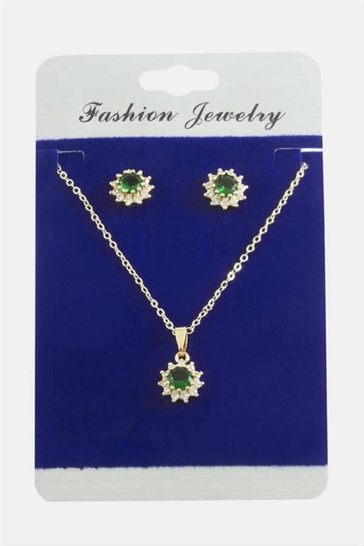 Çiçek Zirkon Taşlı Set Kolye - Yeşil