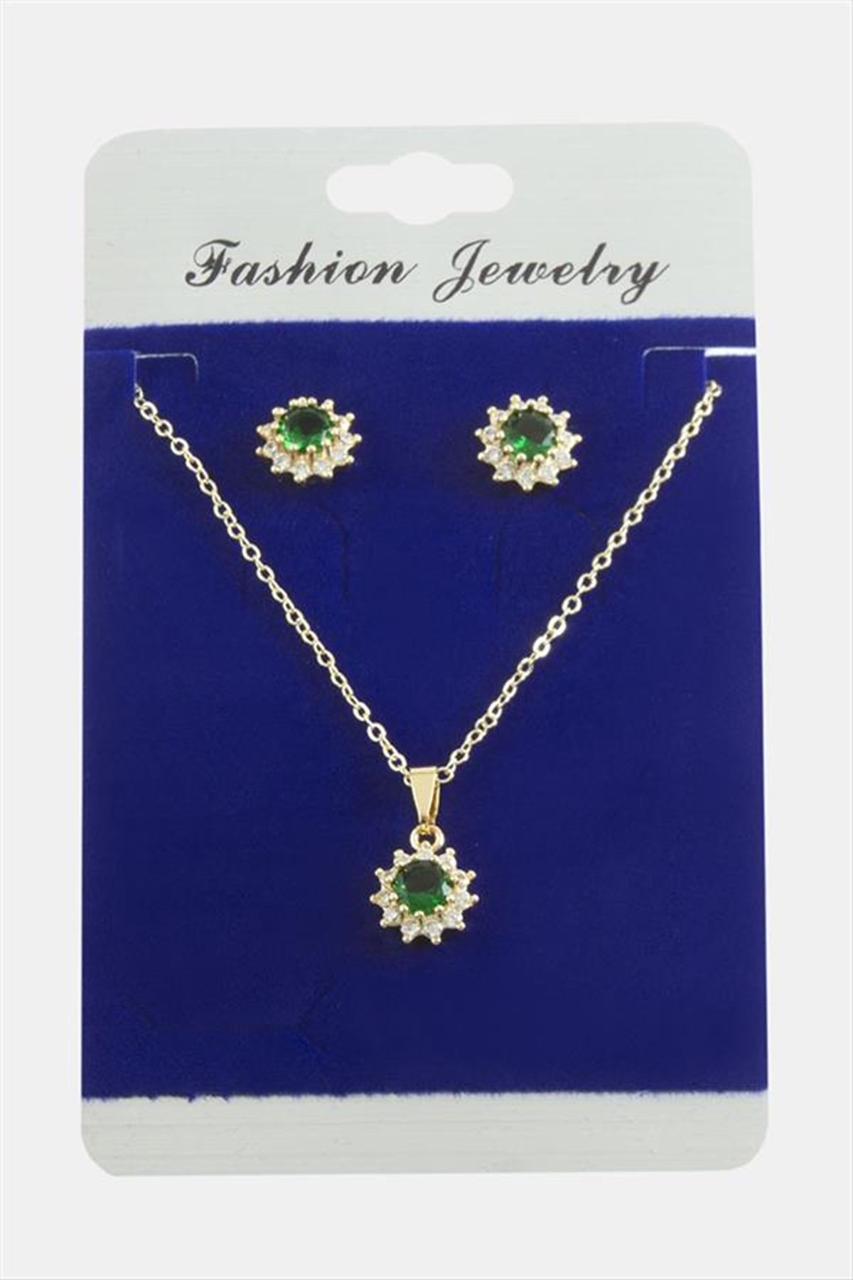 Çiçek Zirkon Taşlı Set Kolye - Yeşil