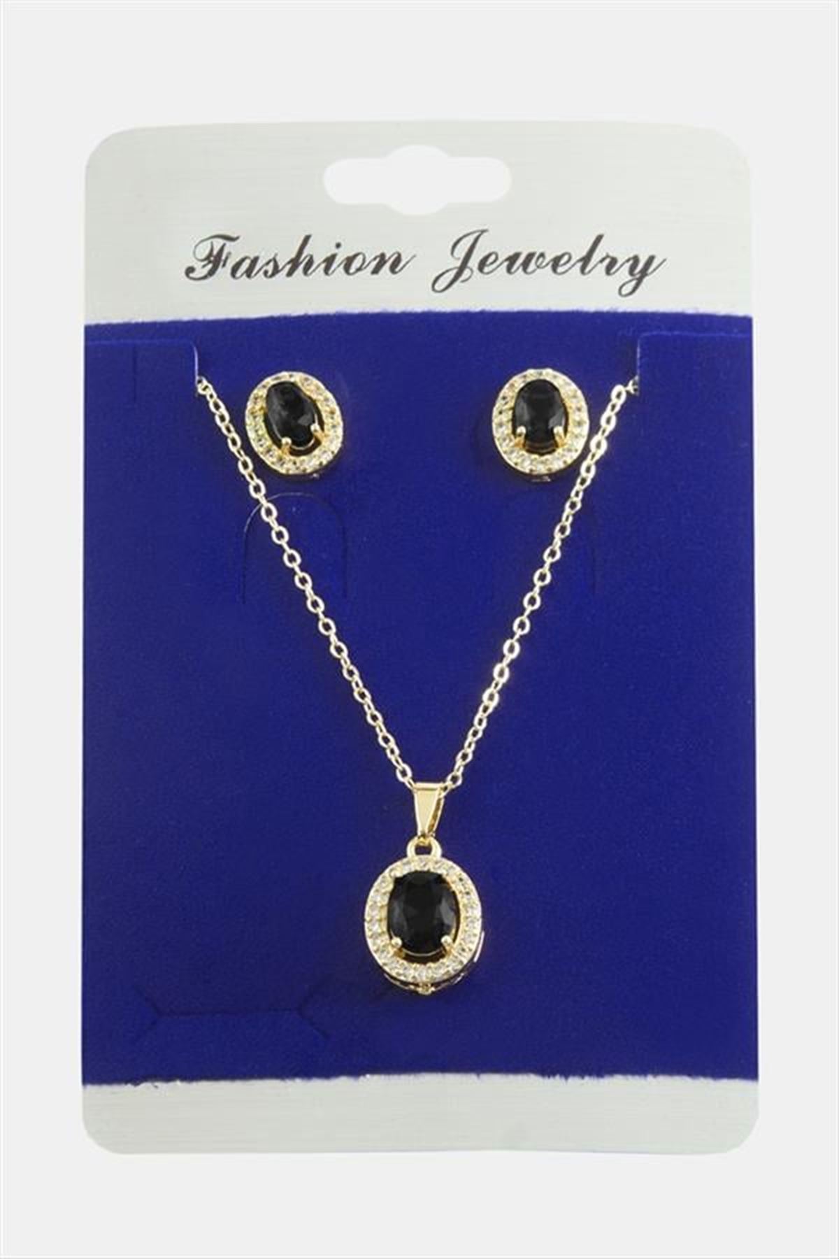 Oval Zirkon Taşlı Set Kolye - Kırmızı
