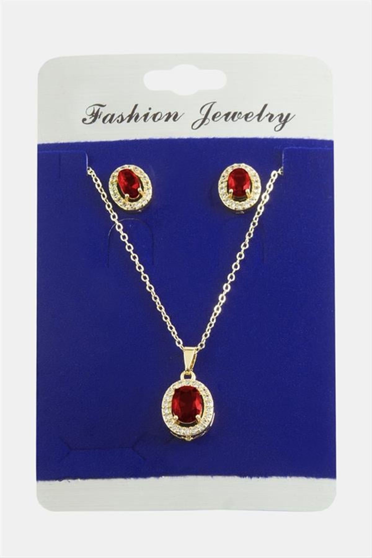 Oval Zirkon Taşlı Set Kolye - Kırmızı