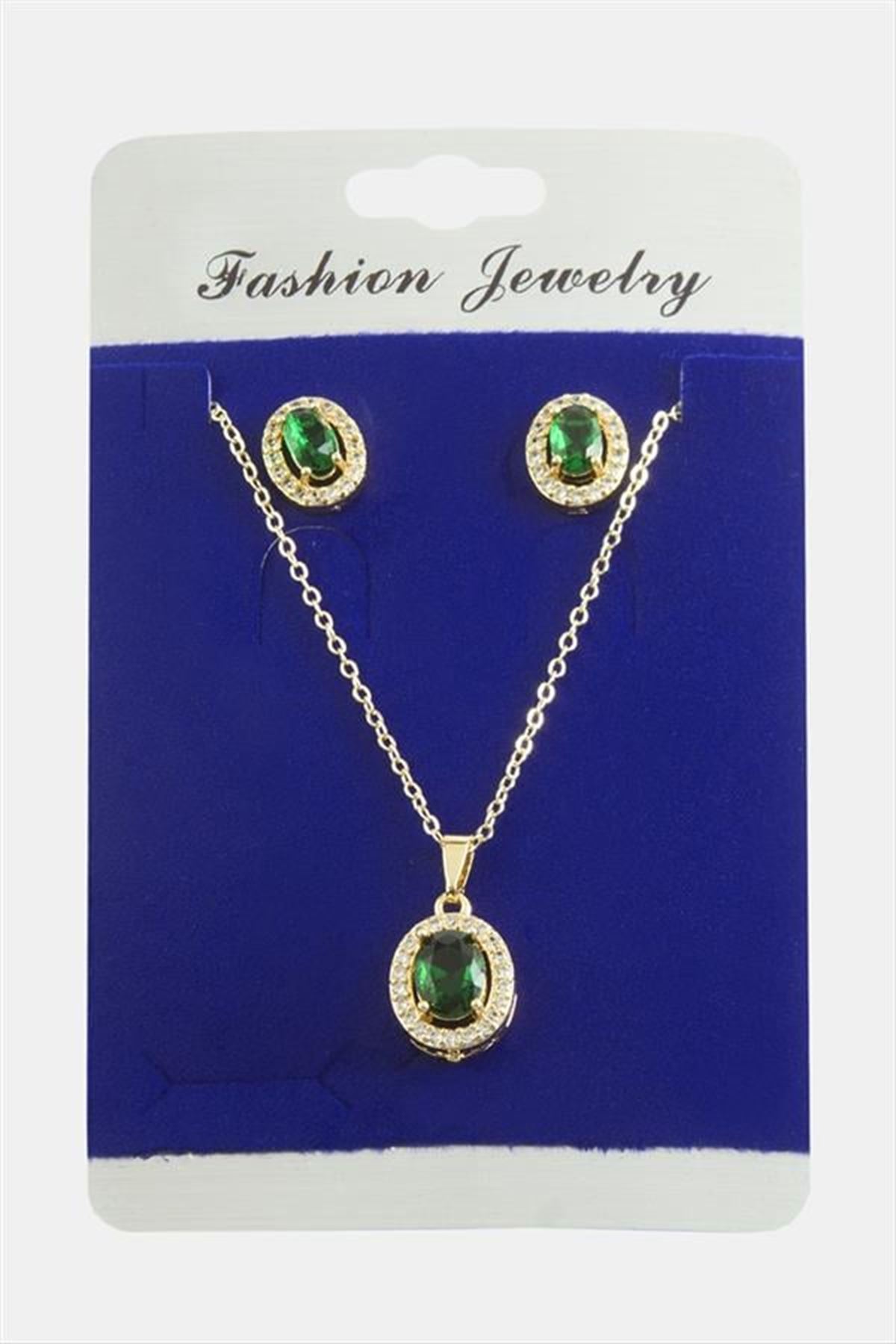 Oval Zirkon Taşlı Set Kolye - Yeşil