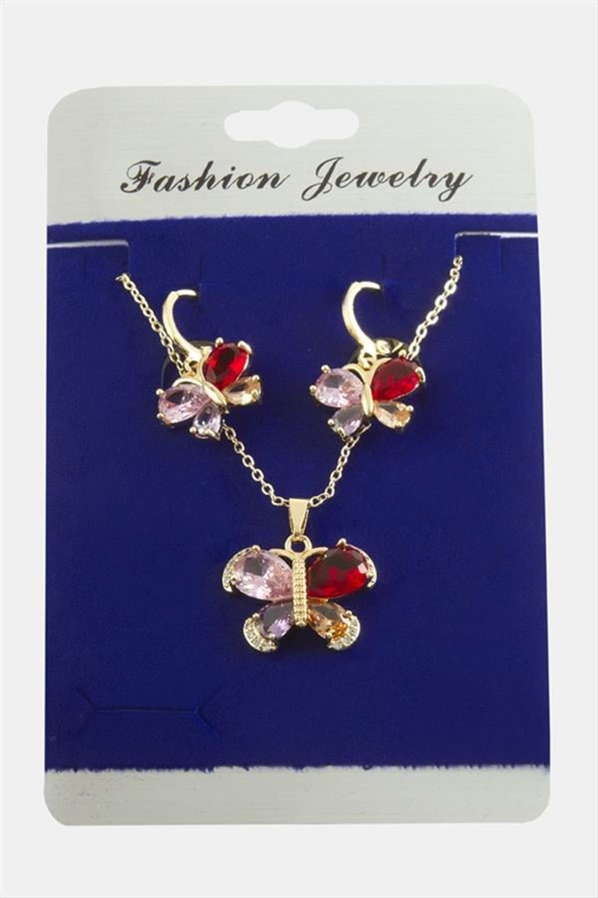 Kelebek Zirkon Taşlı Set Kolye - Kırmızı