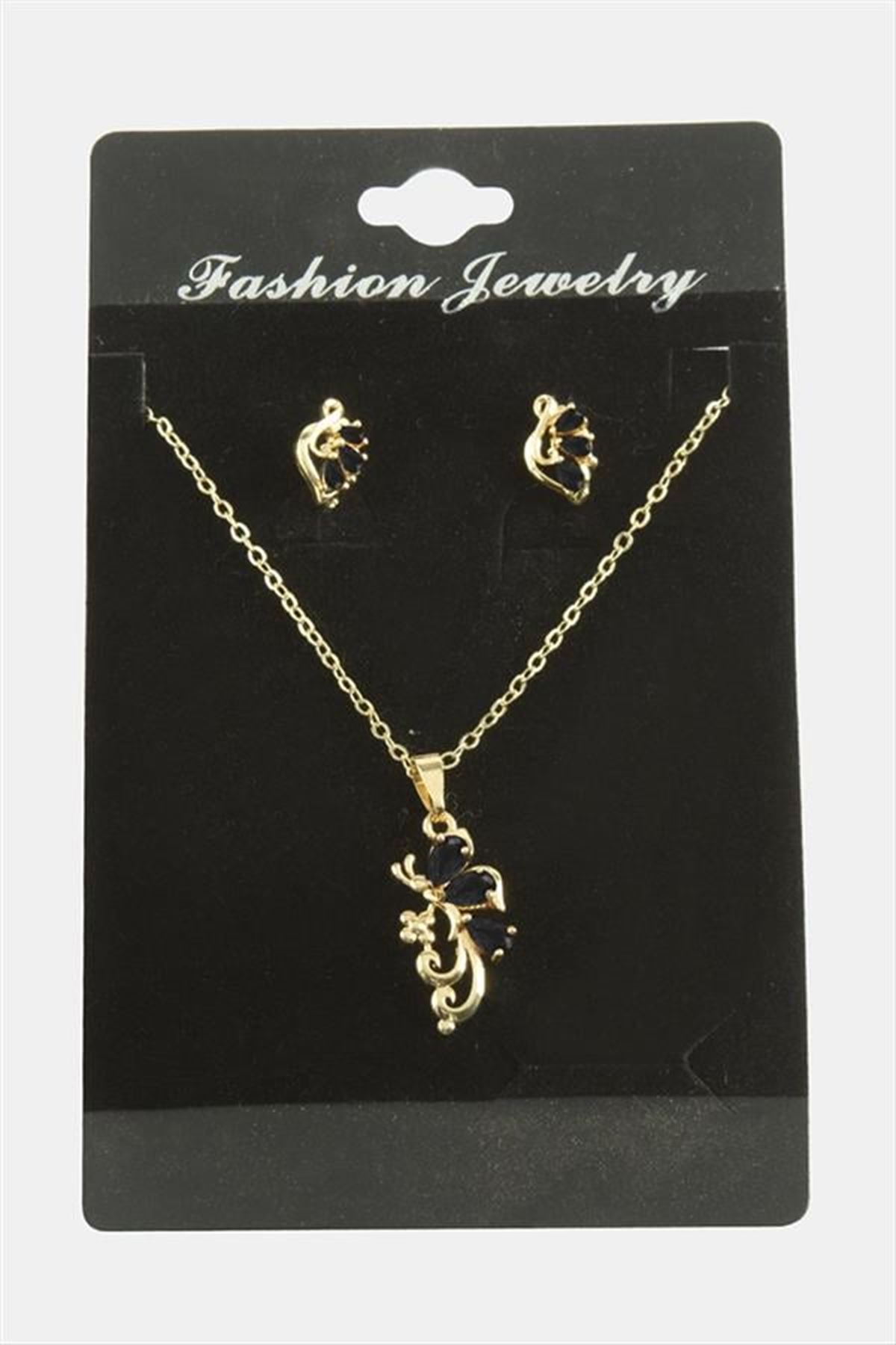 Yusufçuk Zirkon Taşlı Set Kolye - Siyah