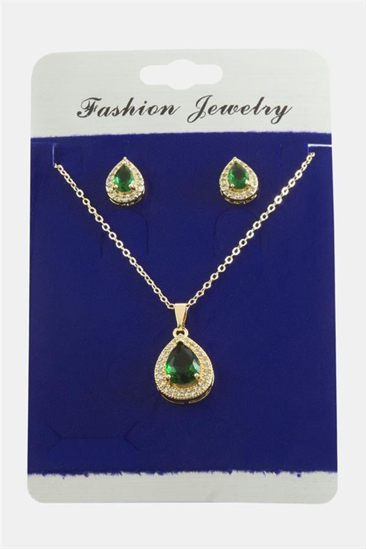 Damla Zirkon Taşlı Set Kolye - Yeşil