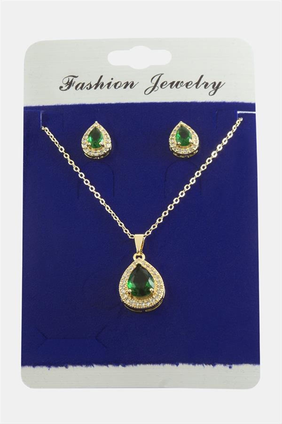 Damla Zirkon Taşlı Set Kolye - Yeşil