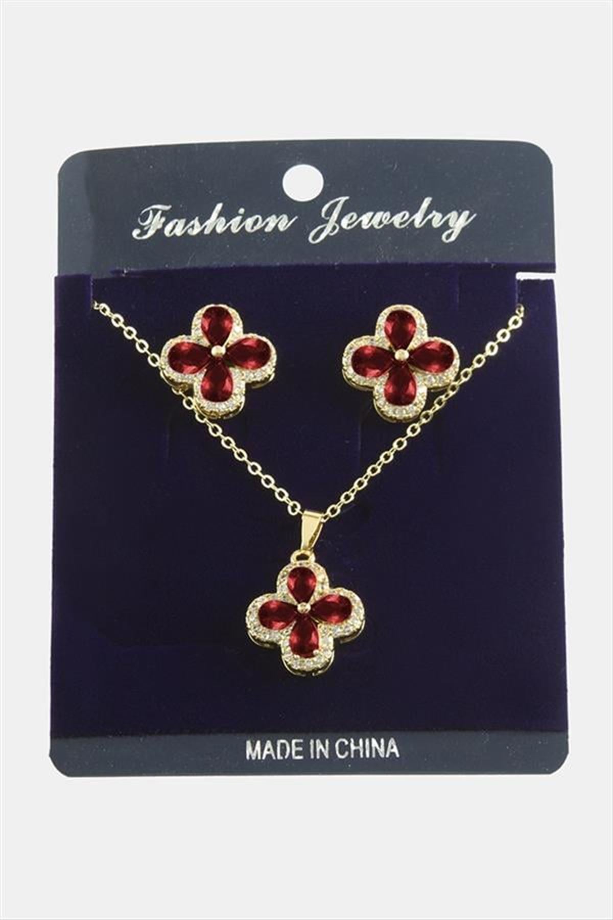 Çiçek Zirkon Taşlı Set Kolye - Kırmızı