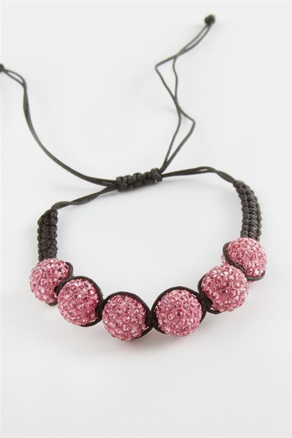 Top Taşlı Makrome Örgülü Bileklik - Açık Pembe