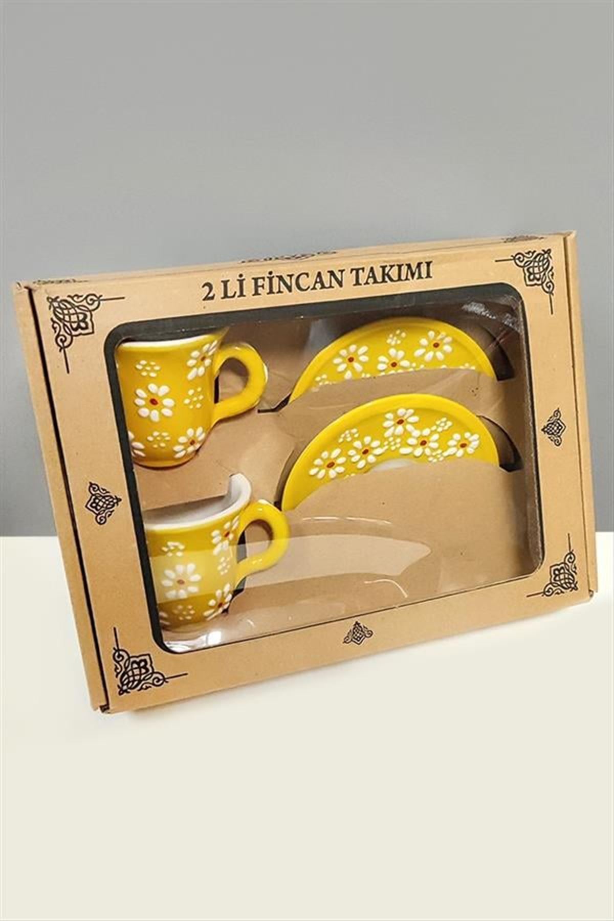 Papatya Desenli Seramik İkili Fincan Takımı - Sarı
