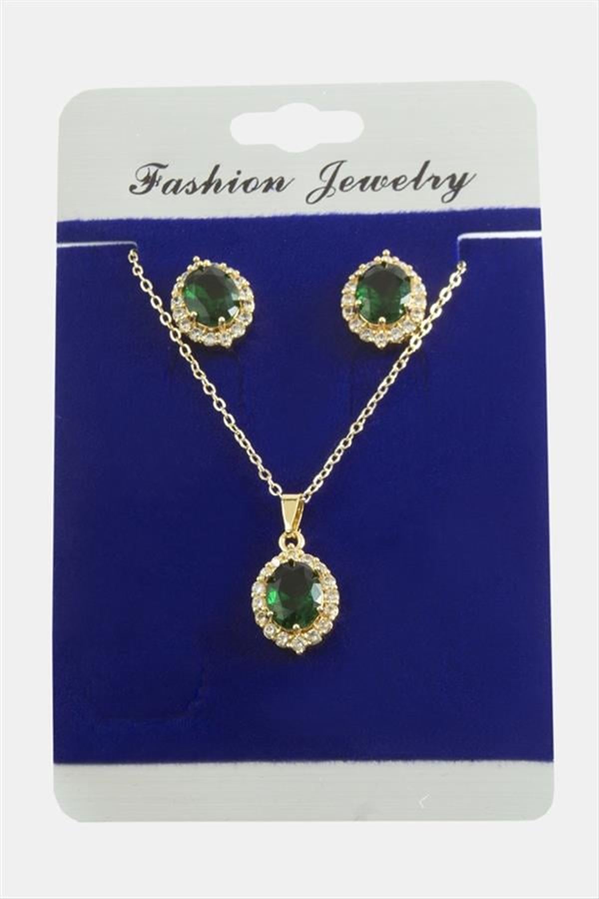 Oval Zirkon Taşlı Set Kolye - Siyah