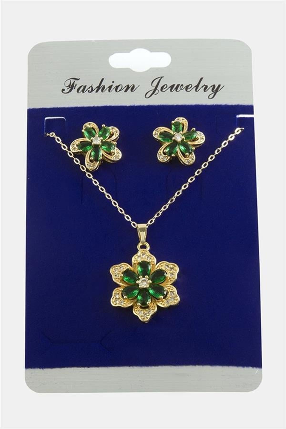 Papatya Zirkon Taşlı Set Kolye - Yeşil