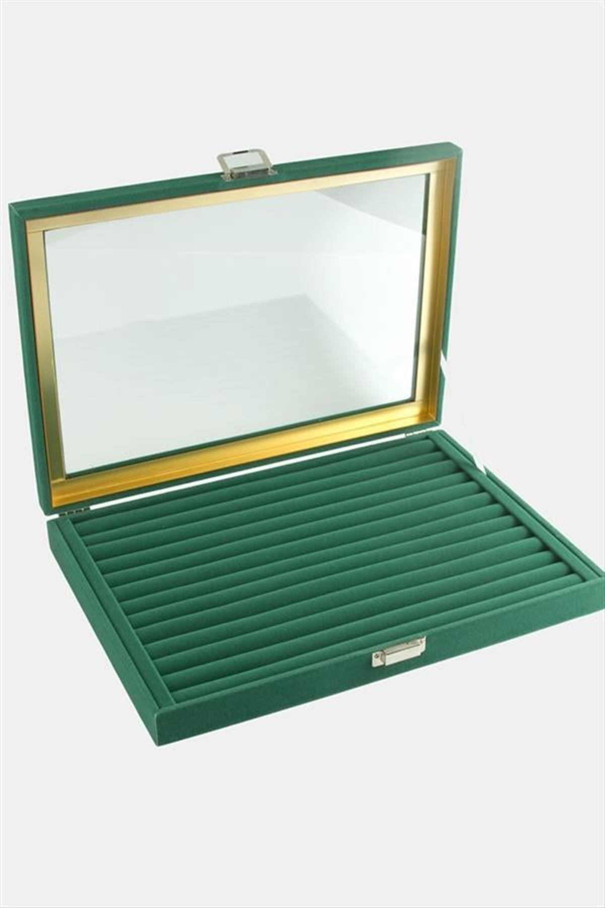Cam Kapaklı Anfora Kumaş Kelepçe Yüzük Standı 24*34 cm - Yeşil