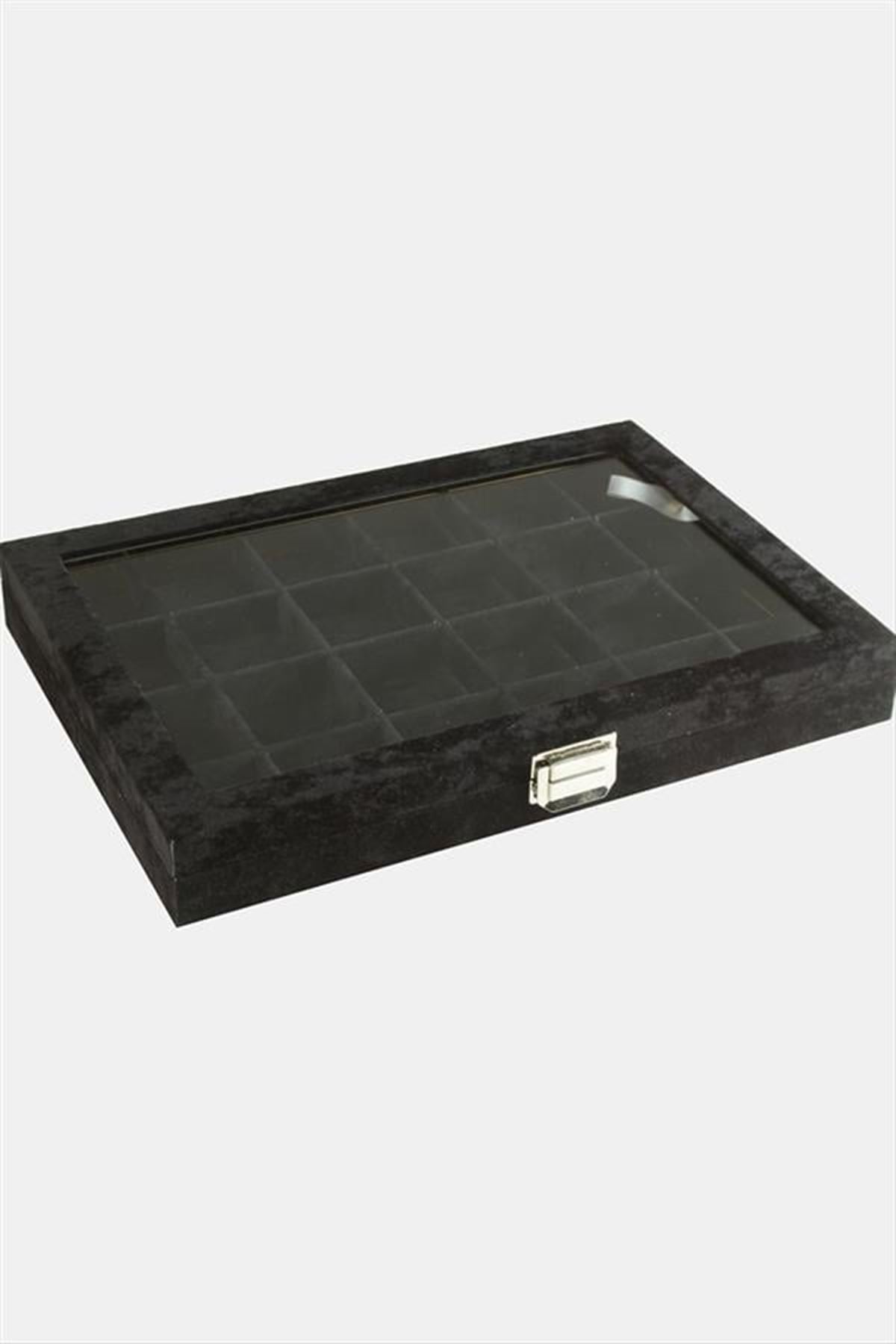 24 Bölmeli Cam Kapaklı Anfora Kumaş Sunum Tablosu 24*34 cm - Siyah
