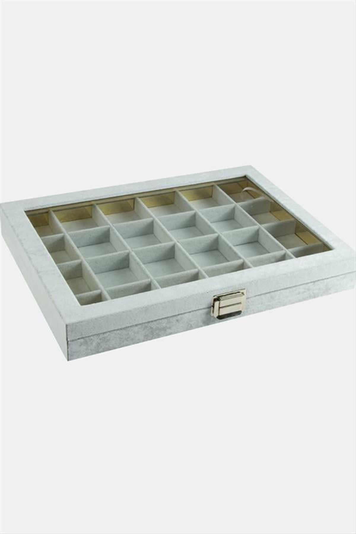 24 Bölmeli Cam Kapaklı Anfora Kumaş Sunum Tablosu 24*34 cm - Gri