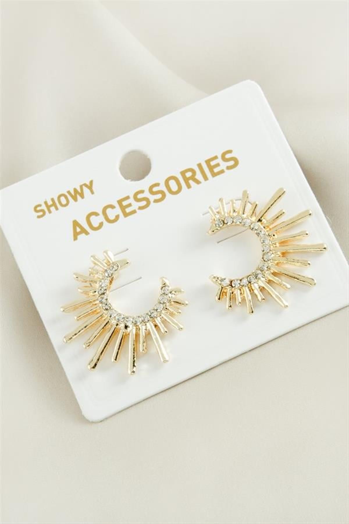 Güneş Trend Taşlı Metal Küpe - Gümüş Rengi