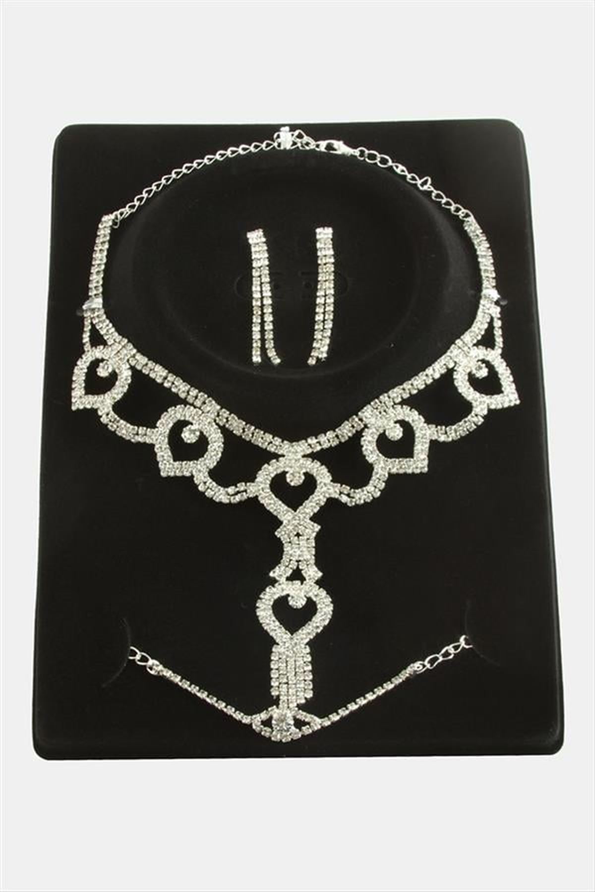 Oval Taşlı Lüks Set Kolye - Gümüş Rengi