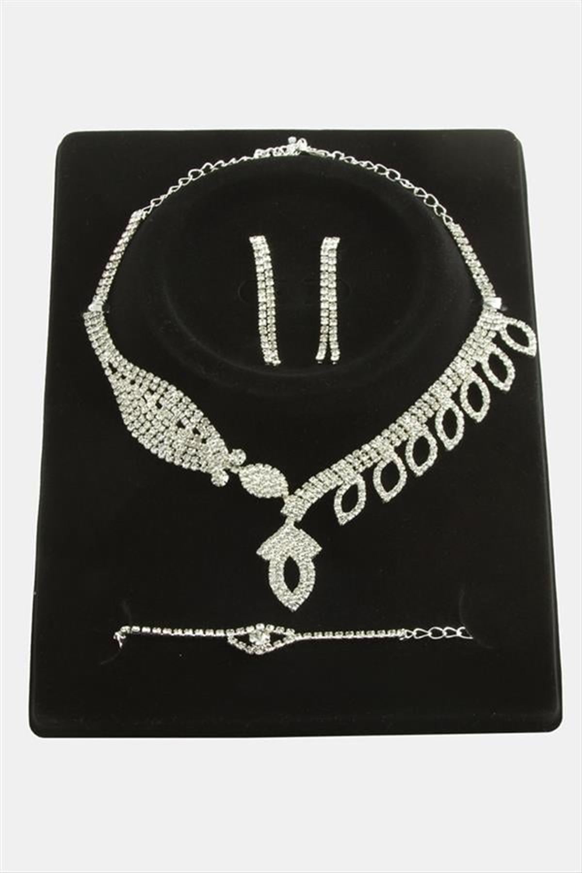 Oval Taşlı Lüks Set Kolye - Gümüş Rengi