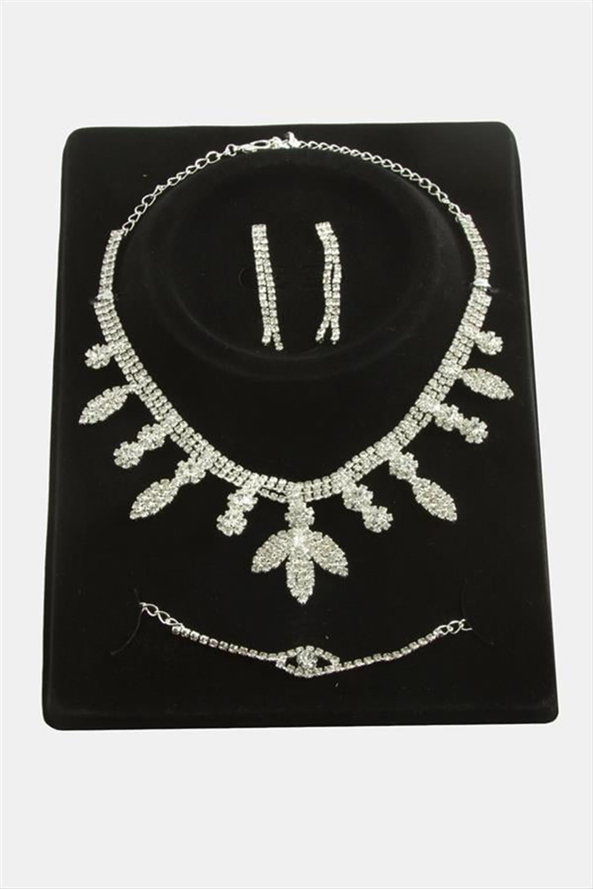 Yaprak Taşlı Lüks Set Kolye - Gümüş Rengi