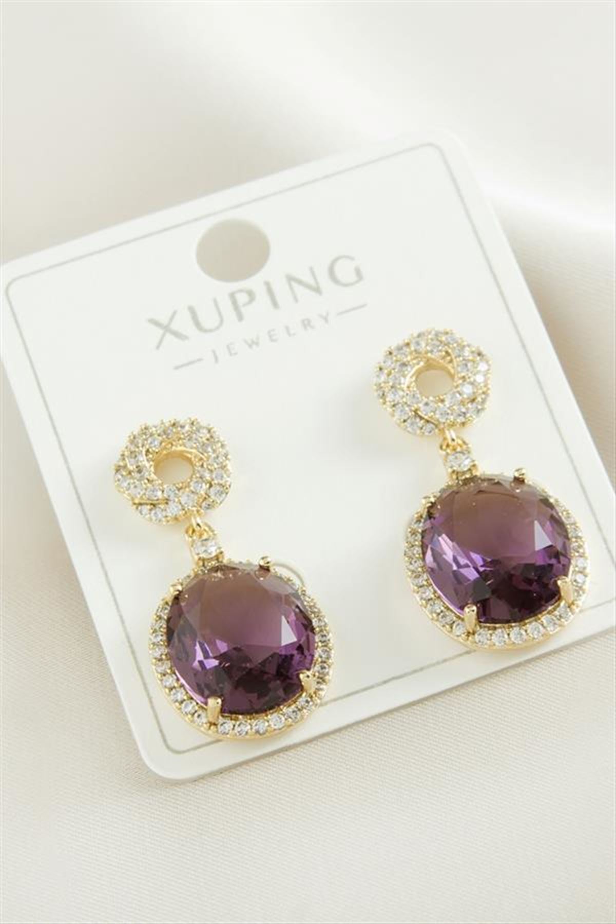 Xuping Oval Zirkon Taşlı Lüks Çelik Küpe - Sarı