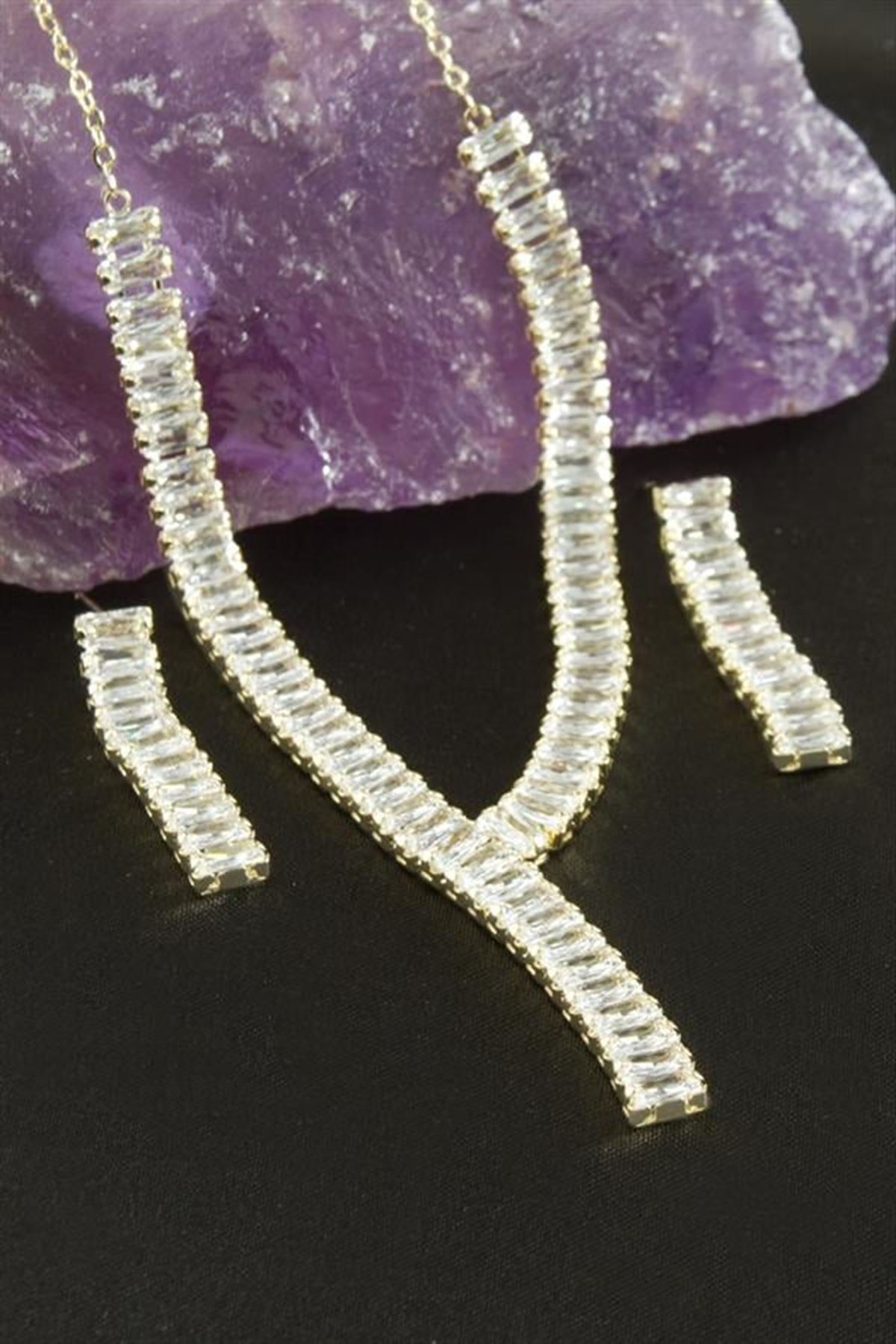Baget Taşlı Lüks Set Kolye - Sarı