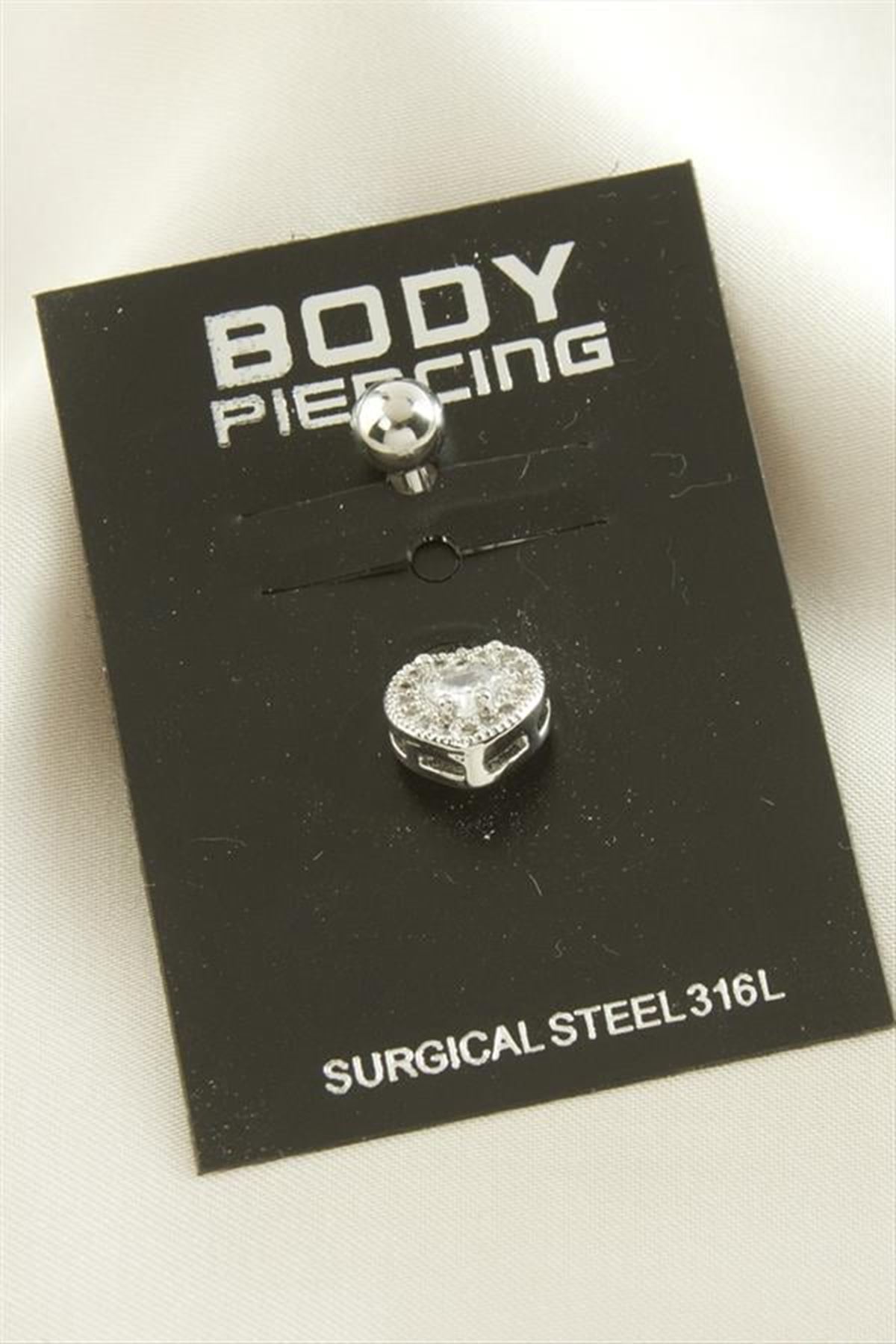 Kalp Zirkon Taşlı Çelik Piercing 1 Adet - Gümüş Rengi