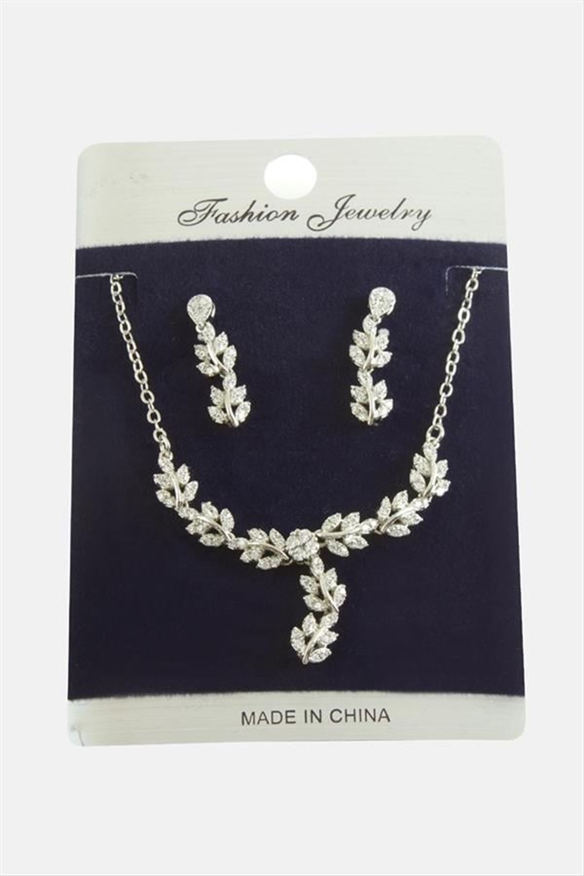 Yaprak Zirkon Taşlı Set Kolye - Gümüş Rengi