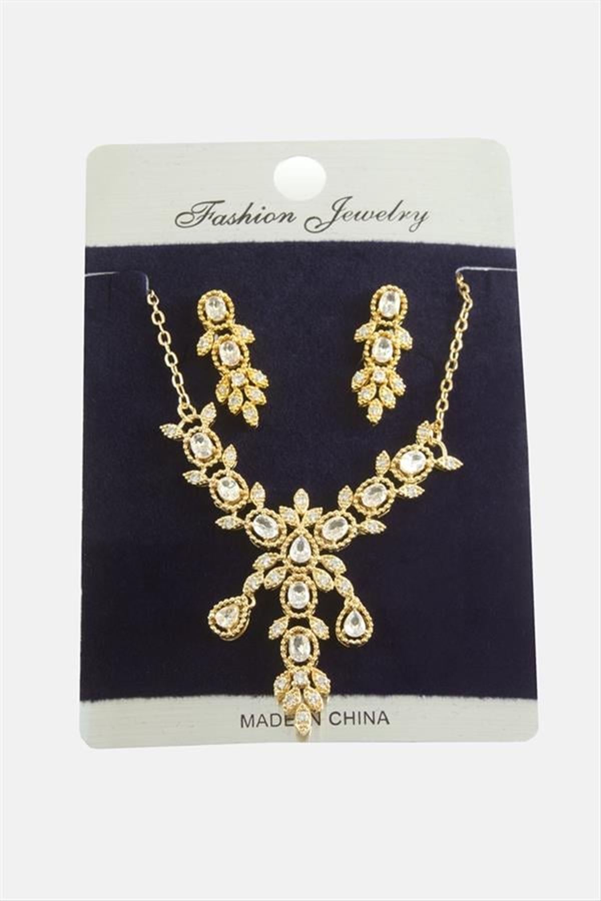 Çiçek Zirkon Taşlı Set Kolye - Sarı