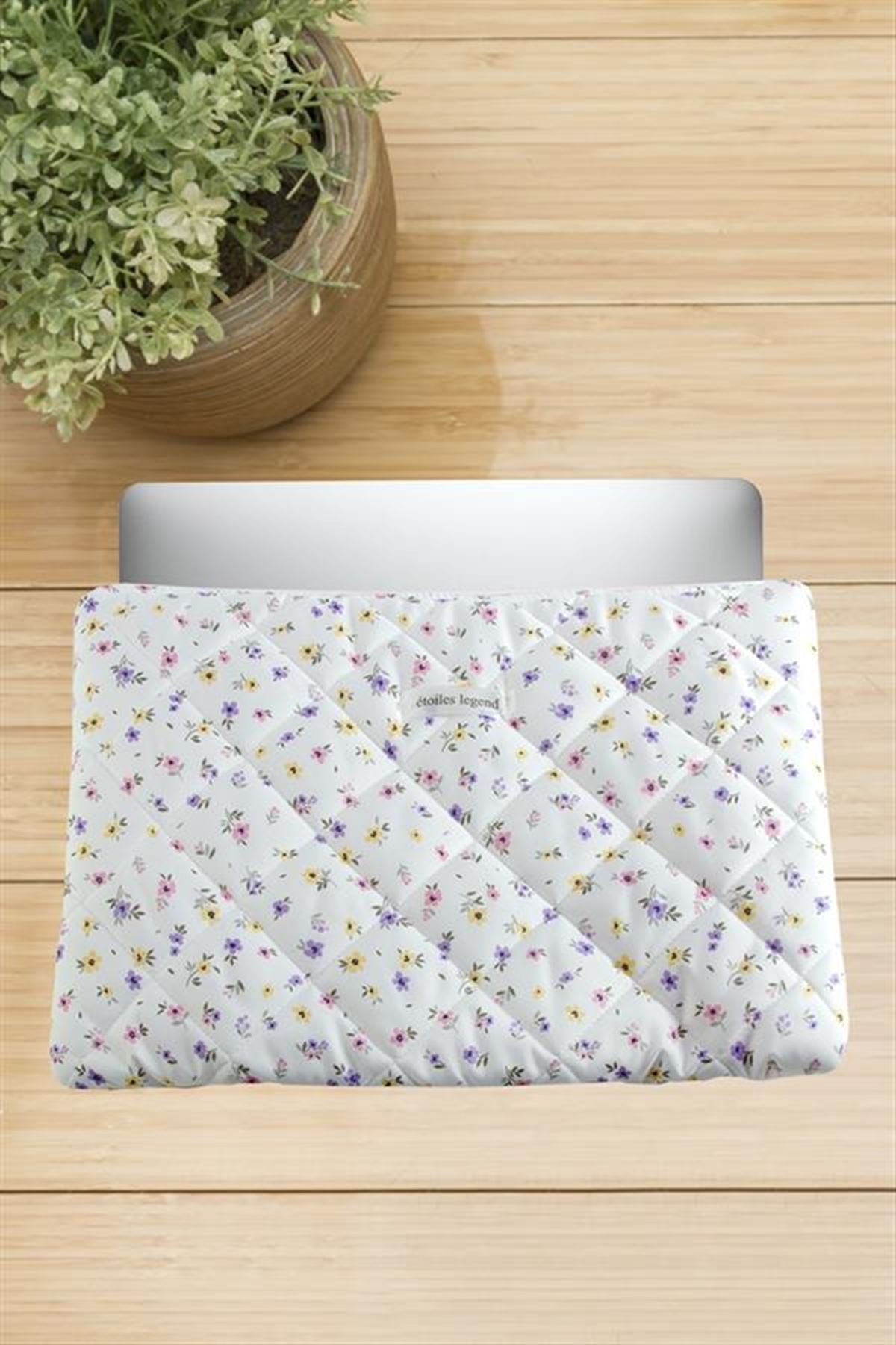 Çiçek Desenli Labtop Bilgisayar Çantası 13*14 inç - Beyaz