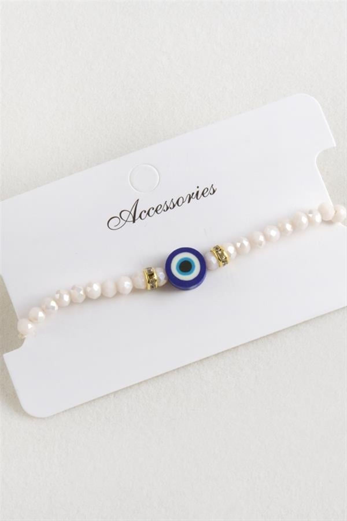 Nazar Kristal Makrome İp Bileklik - Beyaz