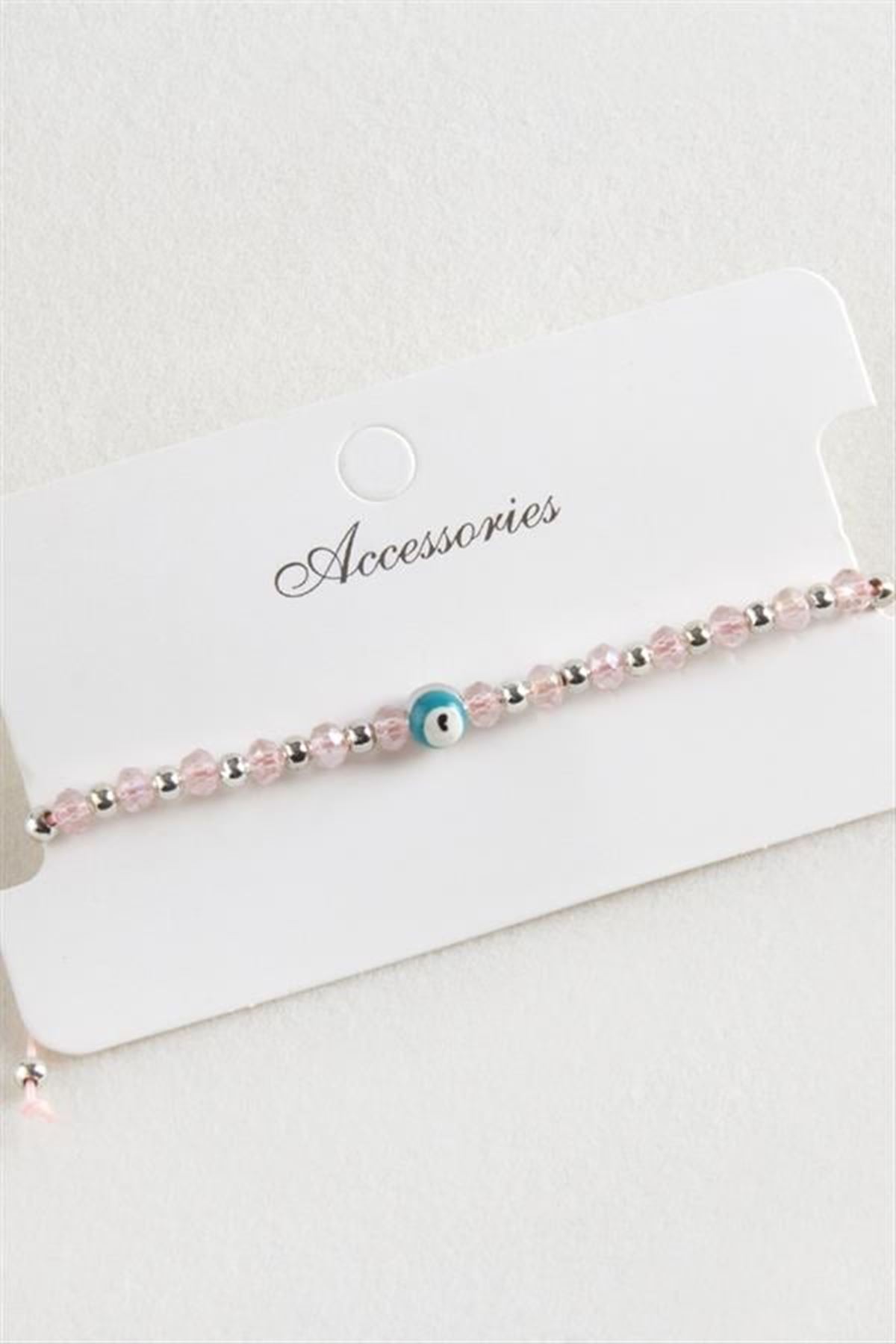 Nazar Kristal Makrome İp Bileklik 6 mm - Pembe