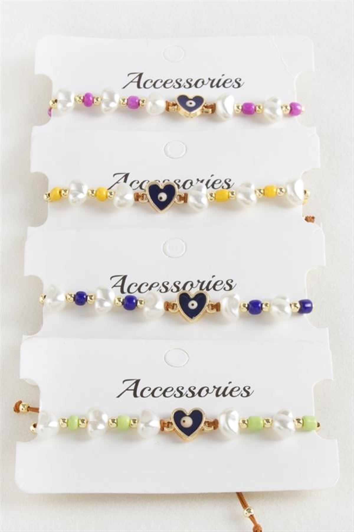 Kalp Boncuk İnci Makrome İp Bileklik - Siyah
